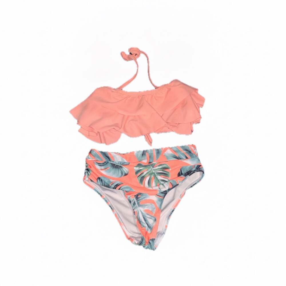 Girls Two-Piece Tropical Print Ruffle Halter Bikini Set Medium